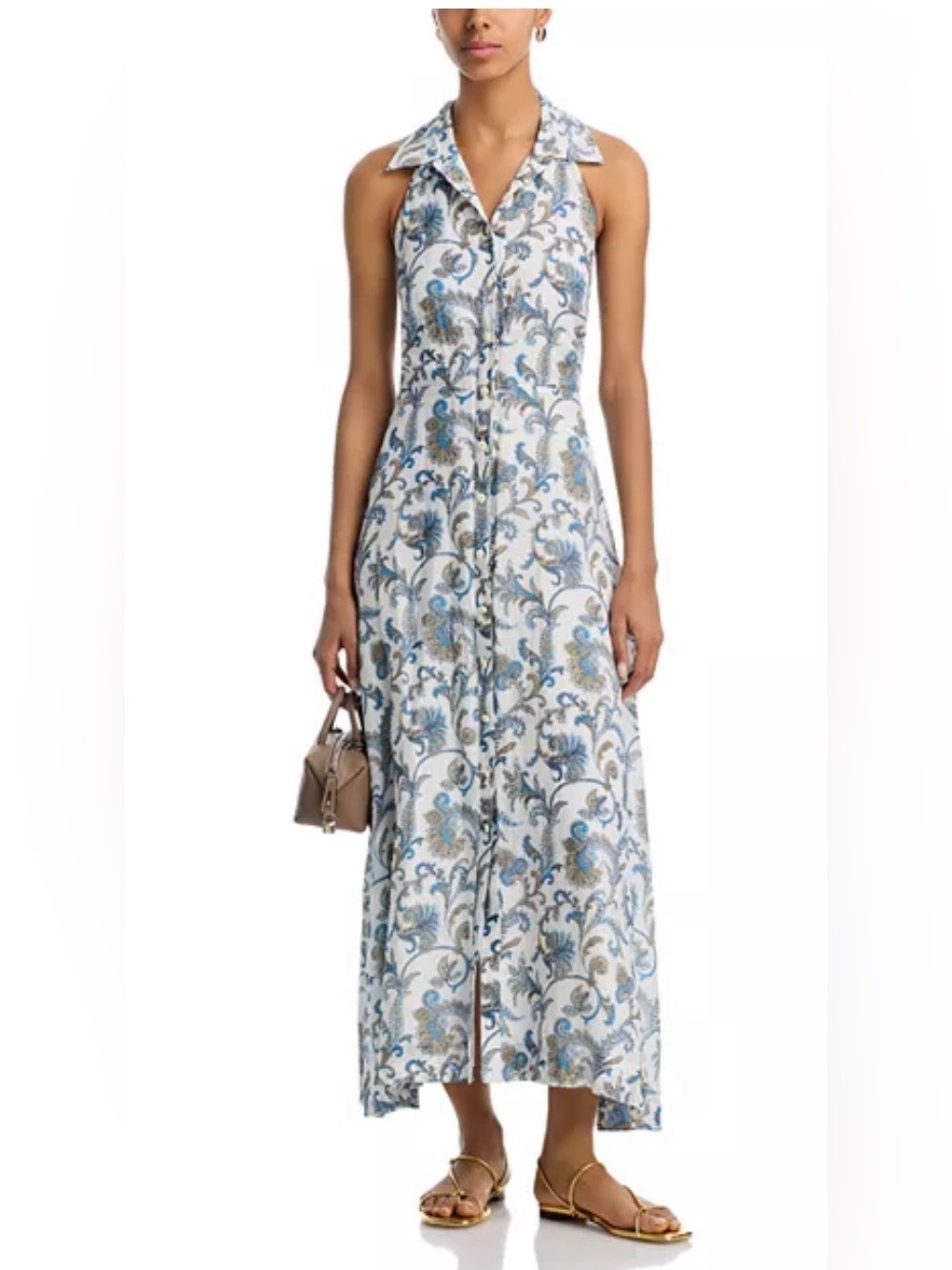 Livro Collared Sleeveless Maxi Shirt Dress Garden Blues Cotton Size Large